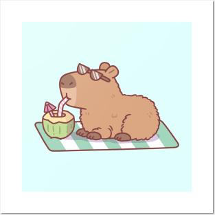 Cute Chill Capybara Drinking Coconut Water Posters and Art